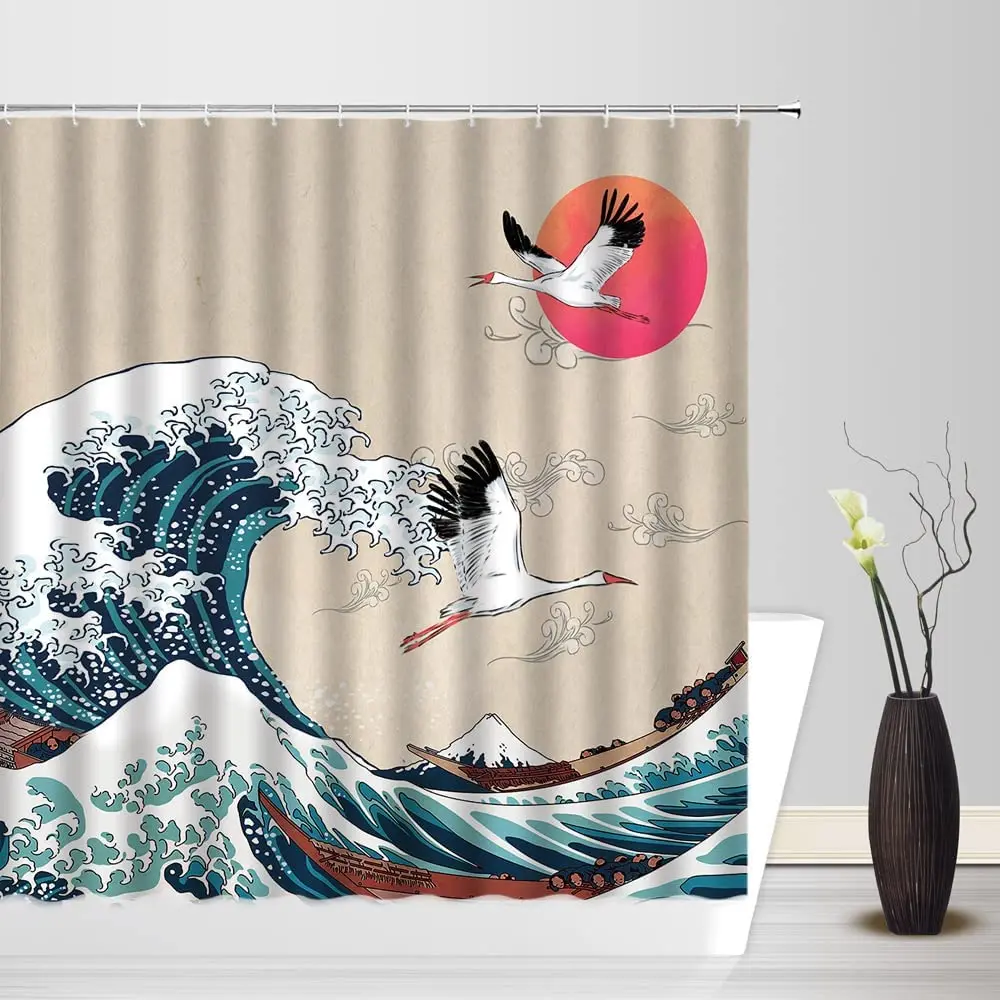 

Great Wave Shower Curtain Kanagawa Ocean Boat Sea Waves Monster Full Moon Red Sun Bird Print Bathroom Decor Waterproof Bath Scre