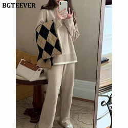 BGTEEVER Casual Loose 2 Pieces Knitted Set Female Long Sleeve Patchwork Pullovers & Wide Leg Trousers Winter Sweater Set Women