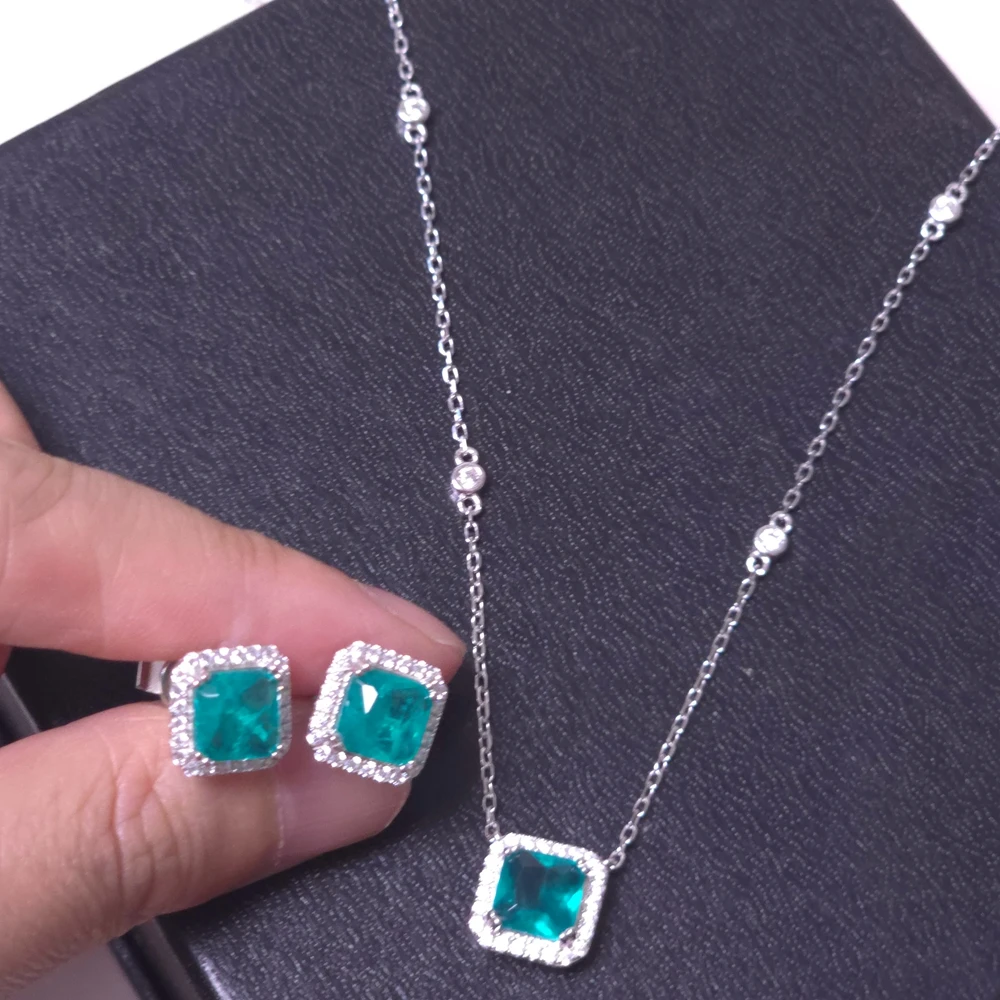 

KQDANCE Solid 925 Sterling Silver With 7*7mm Square Paraiba Tourmaline Blue Green Stud Earrings Necklaces Fine Jewelry Sets