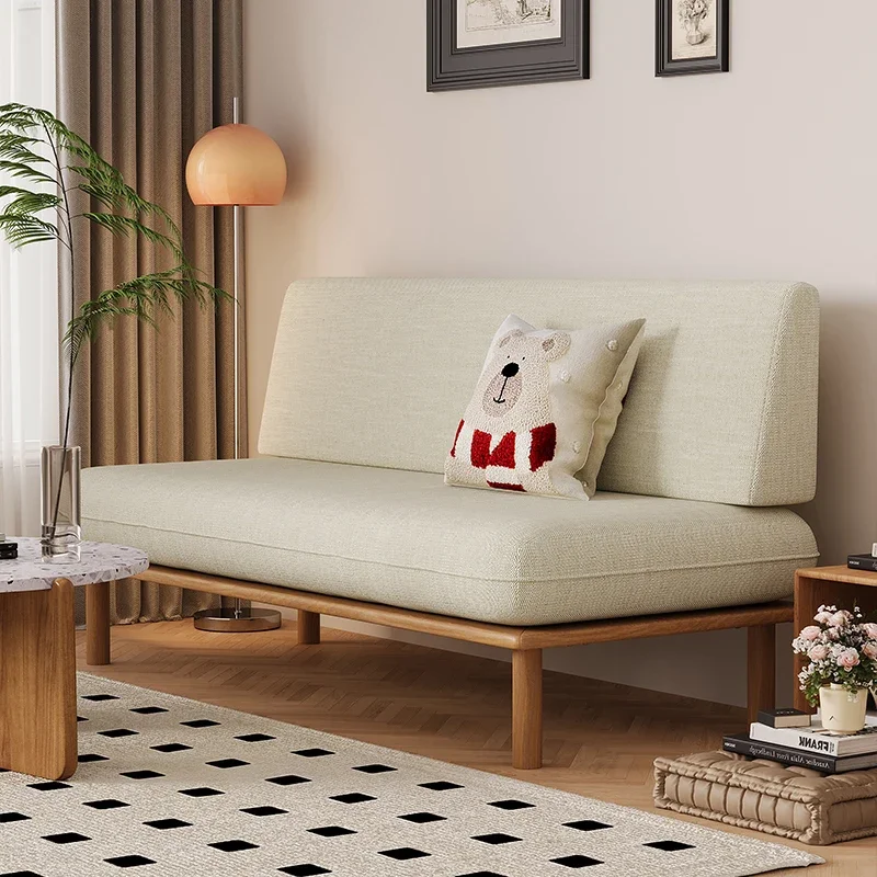 Japanese-style small apartment log wind sofa three-person solid wood foot cotton and linen fabric sofa new living room homestay