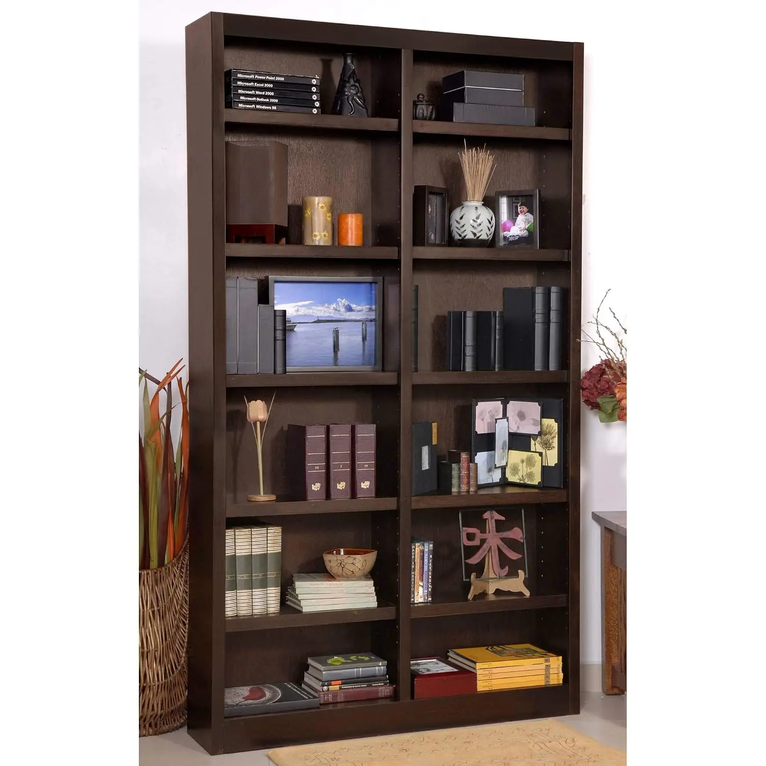 Traditional Double Wide Wood Bookcase with 10 Adjustable & 2 Fixed Shelves for Home Office Storage 84