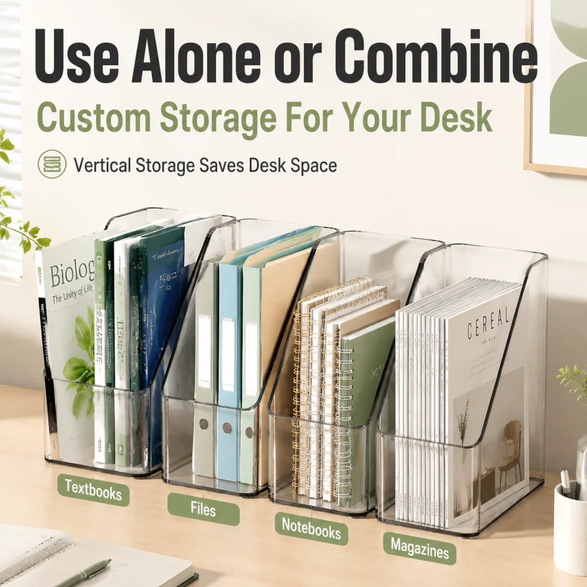 Transparent Stackable Book Holder Organizer, Vertical File Rack with Open Access for Papers & Textbooks, Space Saving Desk