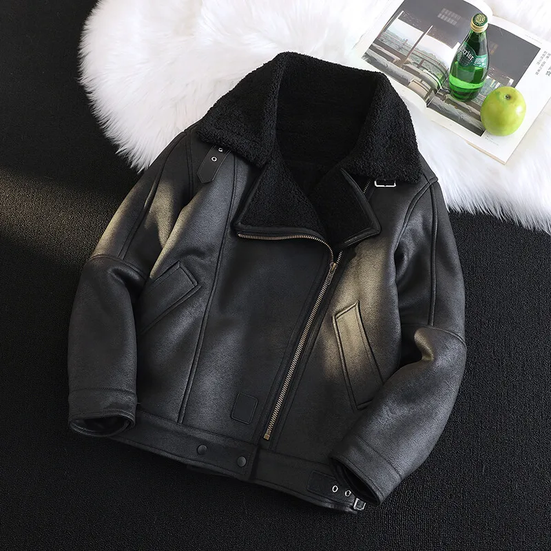 

Men's Thiened Lamb Fur Jaet Casual Biker Coat Winter Street Sle Warmth One-Piece Leather And Fur Faionable And Haome