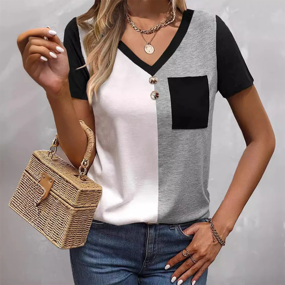 Magliette a maniche corte da donna Colorblock top Streetwear Casual Pocket Print camicia con scollo a v Button Fashion Tees abbigliamento donna