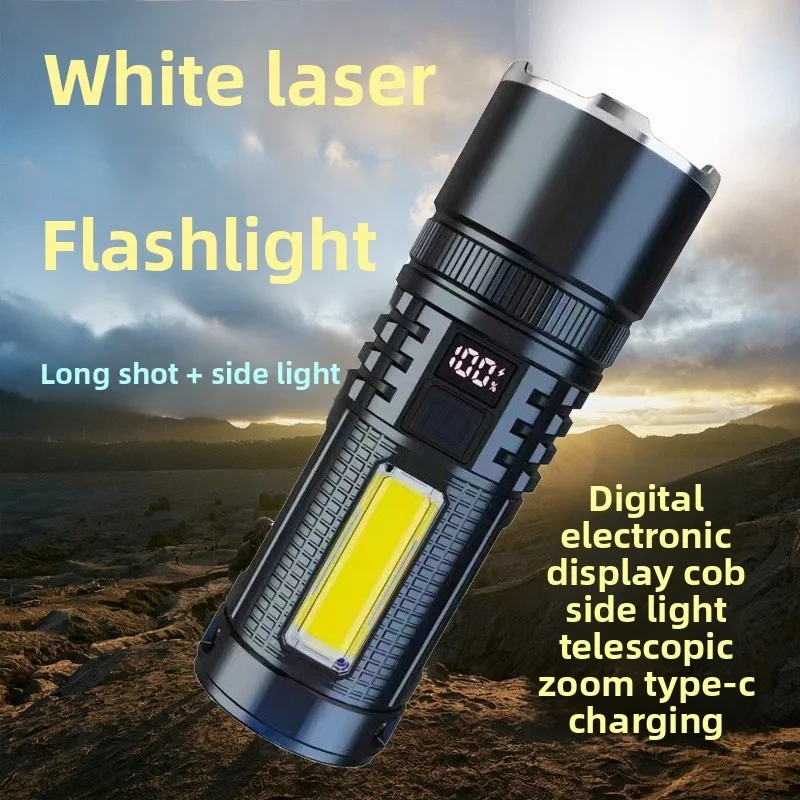 

Супер яркий мощный белый лазерный фонарик: лазерная пушка, зум, цифровой дисплей, боковой фонарь COB для уличных длинных выстрелов