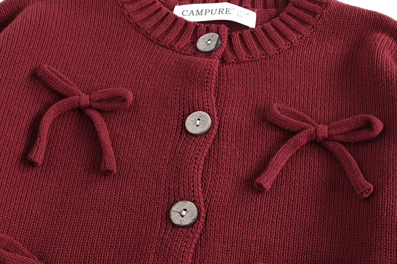 MiniAinis Autumn Winter New Girls Cotton Knit Long Sleeved O-neck Bowknot Red Sweater Jacket Girl Knitted Bow Top Coat Clothes