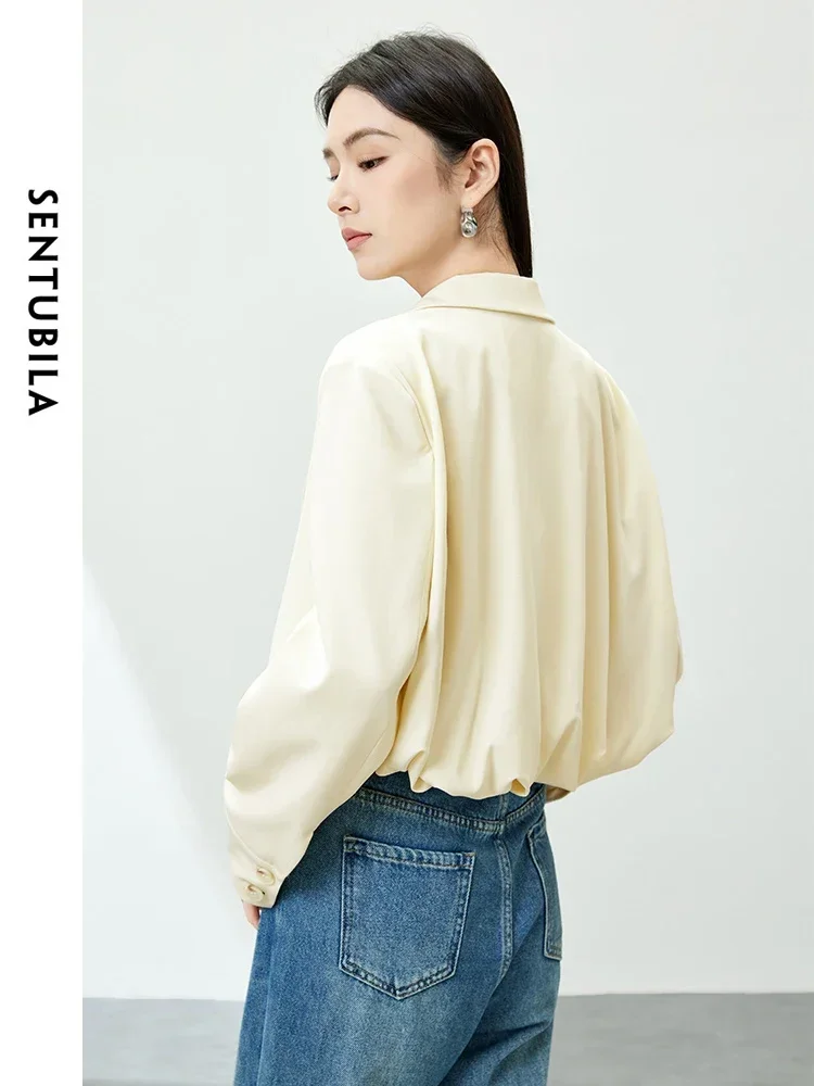 SENTUBILA Women's Cropped Blazer Jacket 2026 Spring Autumn Elegant Fashion Ladies Padded Shoulder Short Tailored Coat 151X58977X