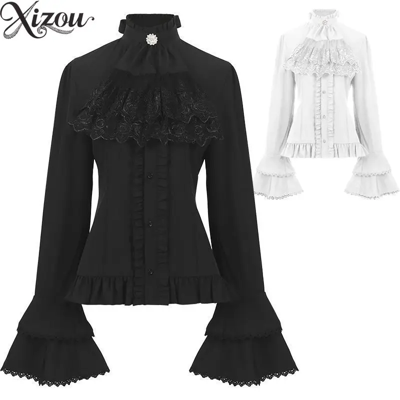 

Женская блузка в викторианском стиле, приталенная, плиссированная, готическая, черная, с кружевным воротником, расклешенными рукавами-колокол, бантом, готический топ с длинными рукавами в военном стиле