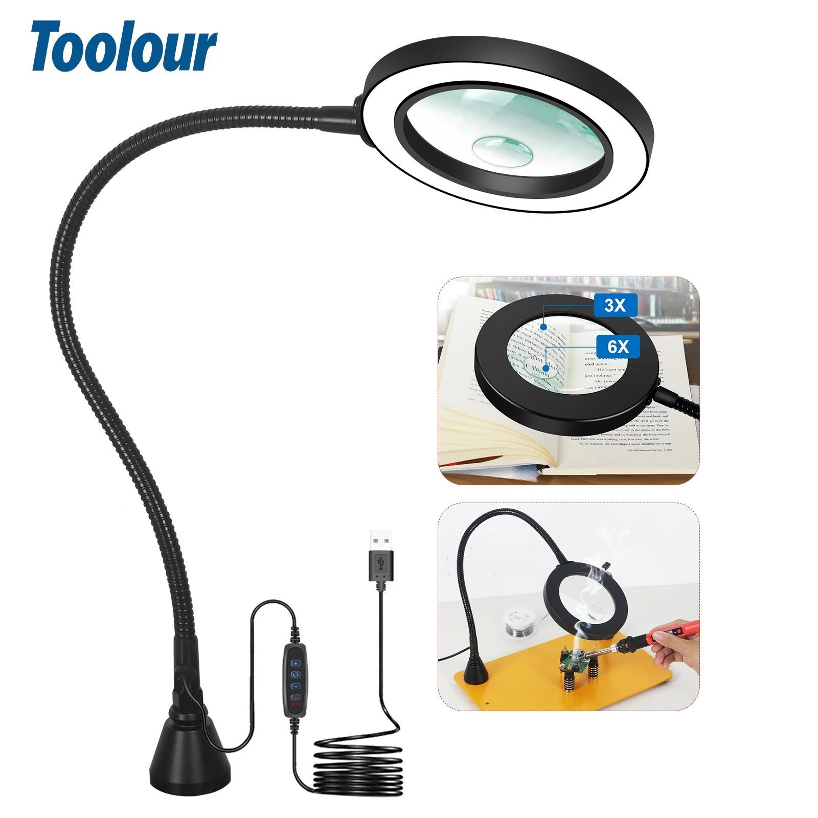 Toolour 3X/6X Illuminated Magnifier Desk LED Lamp Flexible Rotation Magnetic Base Magnifying Glass Soldering Iron Repair/Table L