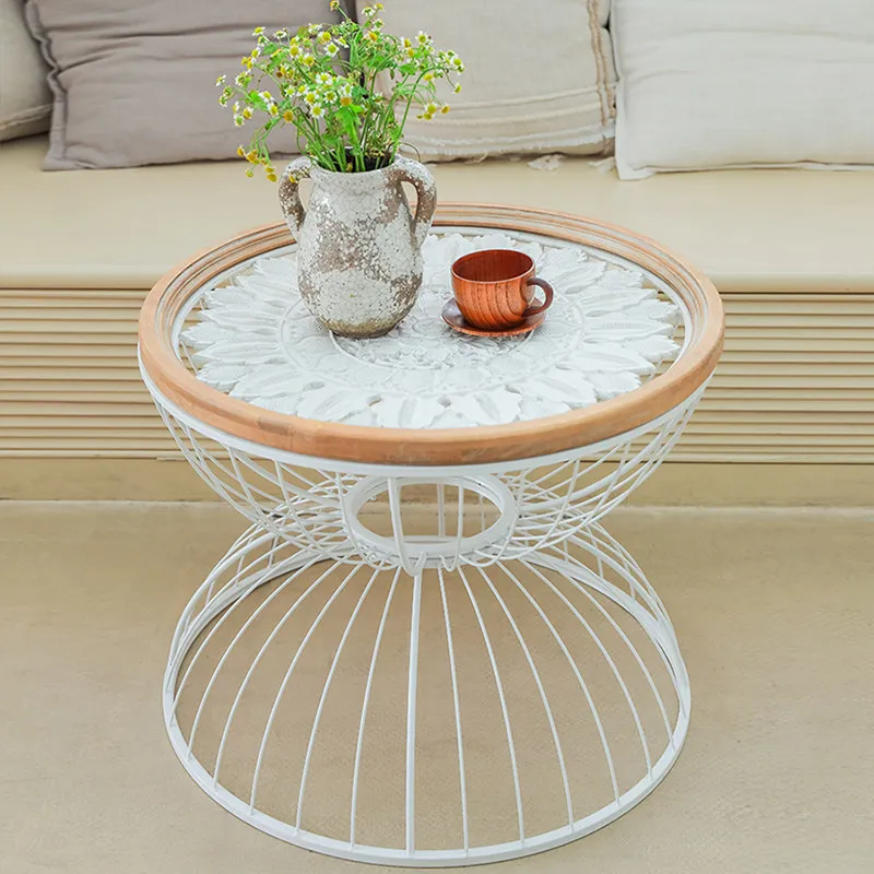 hh-Bohemian Nesting Side Table, Lace Embossed Glass Top, Retro Hourglass Design Accent Tables for Living Room & Balcony Decor^