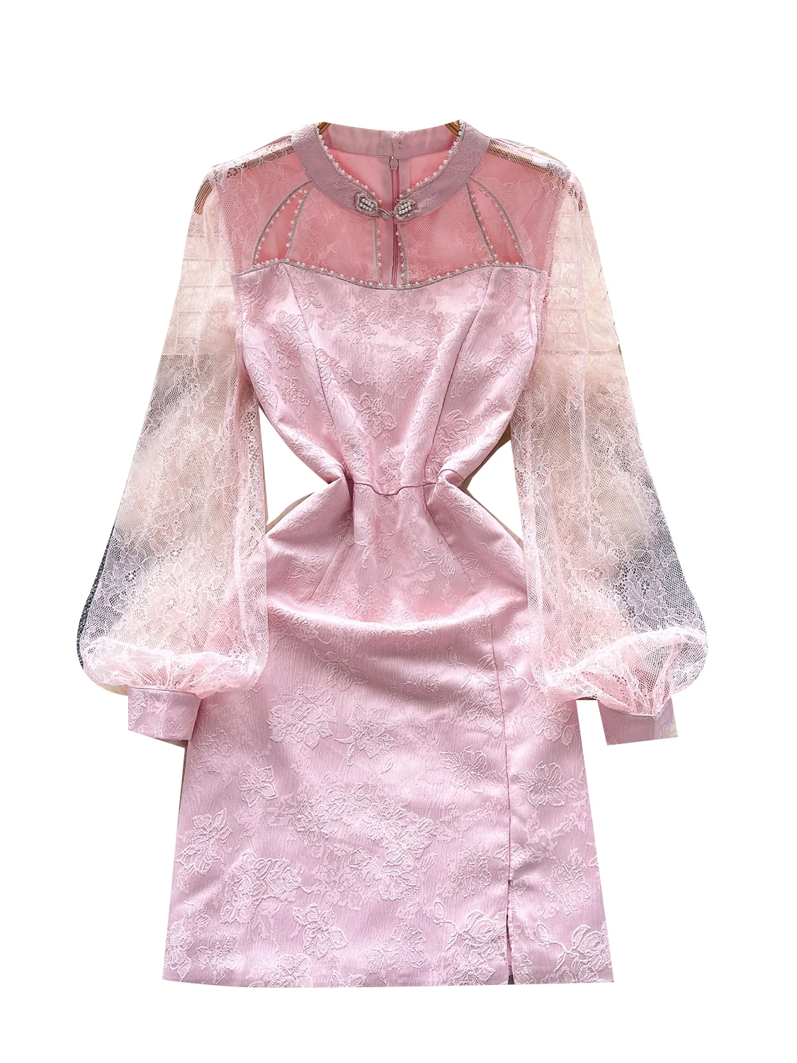 فستان أنيق من الدانتيل المفرغ بأكمام طويلة مع تصميم مشدود عند الخصر وفتحة جانبية على قماش الساتان، فستان على الطراز الكوري بخ...