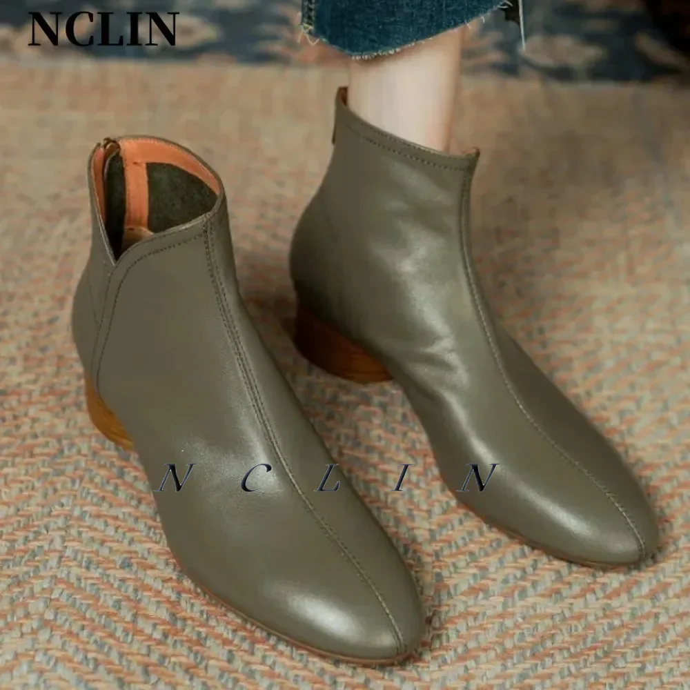 NCLIN-Botas de piel auténtica con cremallera trasera para mujer, zapatos cálidos de tacón grueso con punta redonda, elegantes y concisos, para boda y oficina