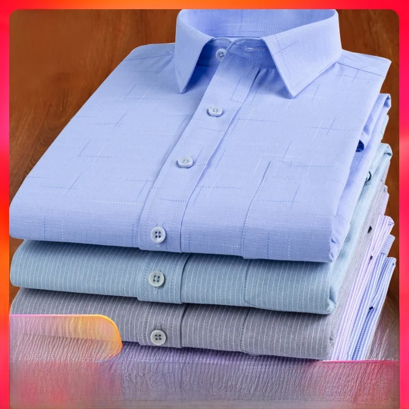 

Summer Slim Fit Long Sve irt for Middle-Aged Men Casual Plaid Busin No-Iron Dad Sle Thin Mens irt Polyester Cotto...