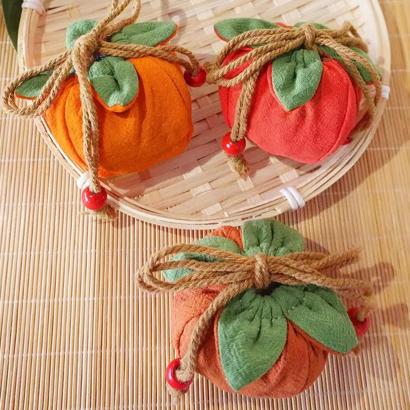 Chinese Style Persimmon Blessing Sachet - Cotton Linen Drawstring Pouch for Jewelry/Coins, Hanfu Accessory & Lucky Gift
