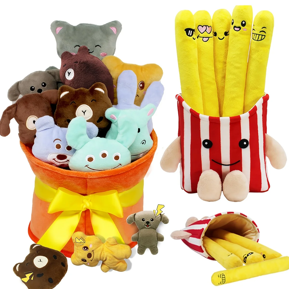 

17-piece Plush Bouquet Set + Dog Toy And Fries Set Cute Animal Plush Pet Toys New Indoor Interactive Chew-resistant Pet Toys