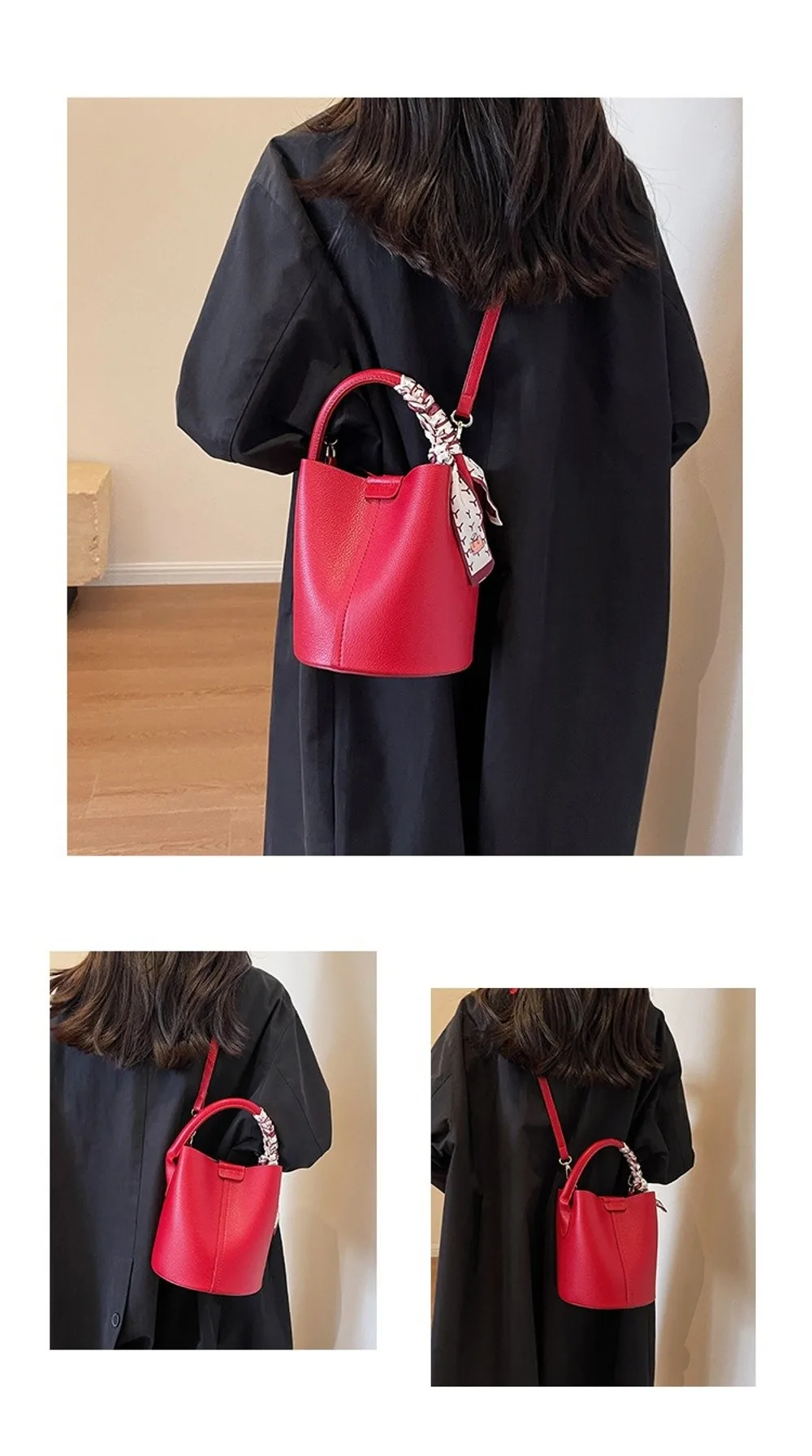 Meistverkaufte Rote Damen-Umhängetasche Hochwertige Schlichte Bucket Bag Vielseitige PU-Material Handtasche Hochzeitsgeschenk – Detail 4