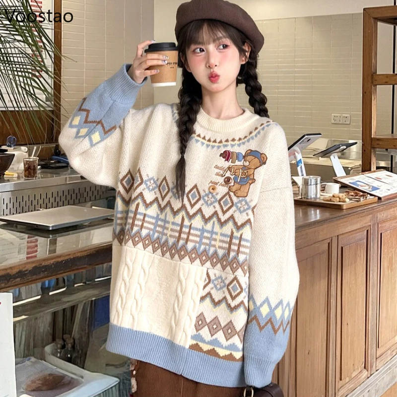 

Винтажные милые свитера в стиле Лолиты, женские вязаные пуловеры с длинными рукавами и вышивкой Kawaii с мультяшным медведем, осенние топы в стиле Харадзюку Y2k