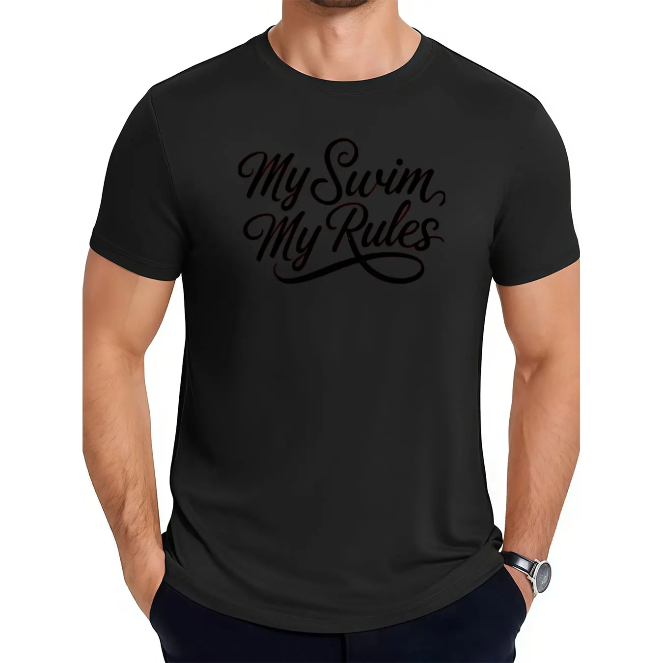 Men's 100% Cotton Soft Round Neck Tee With My Swim My Rules Print, Machine Washable, Outdoor Christmas Gift