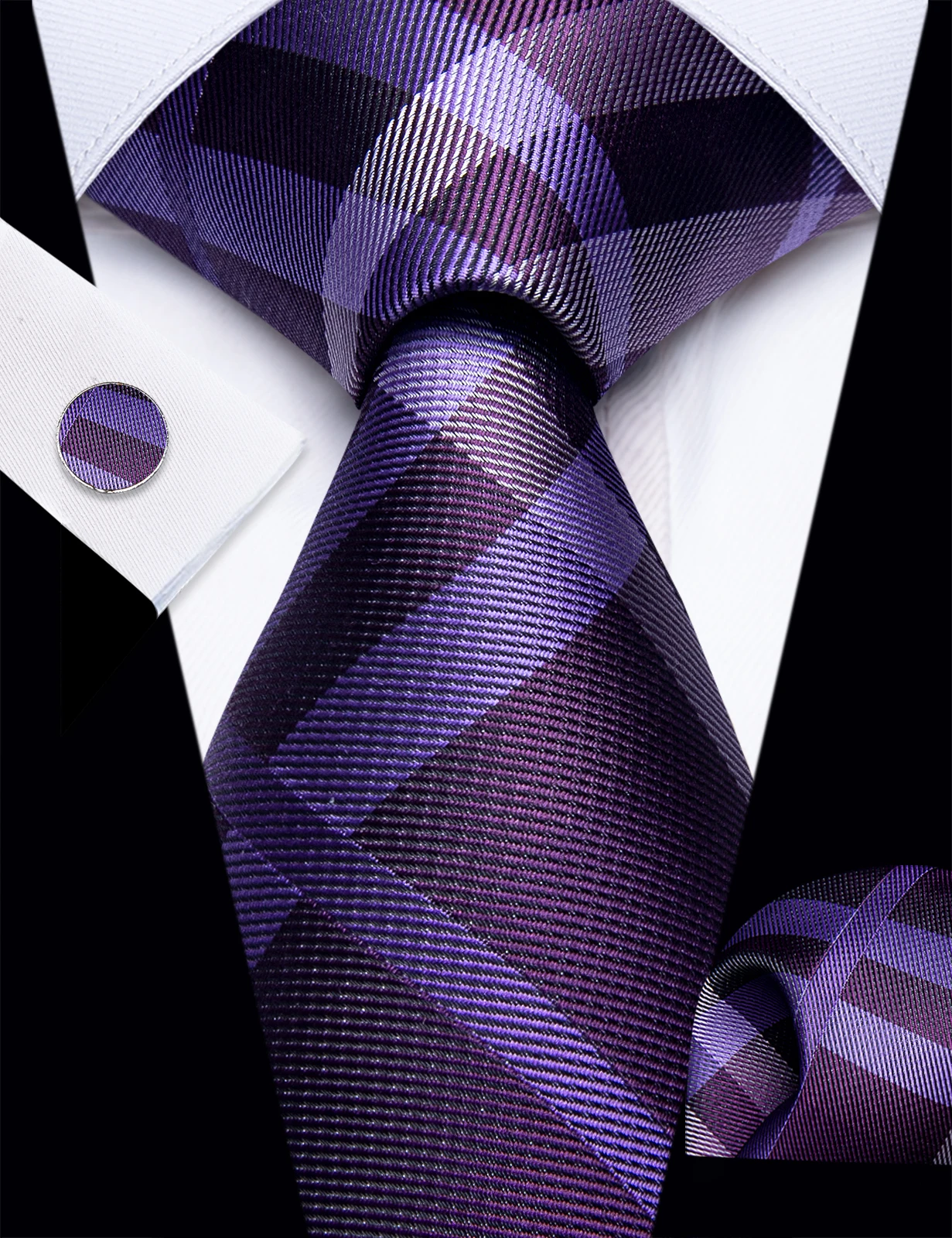 3Pcs Classic Plaids Tie Set Mens Tie Handkerchief Cufflinks Set for Business Wedding Formal Office Party Groom Interview Banquet