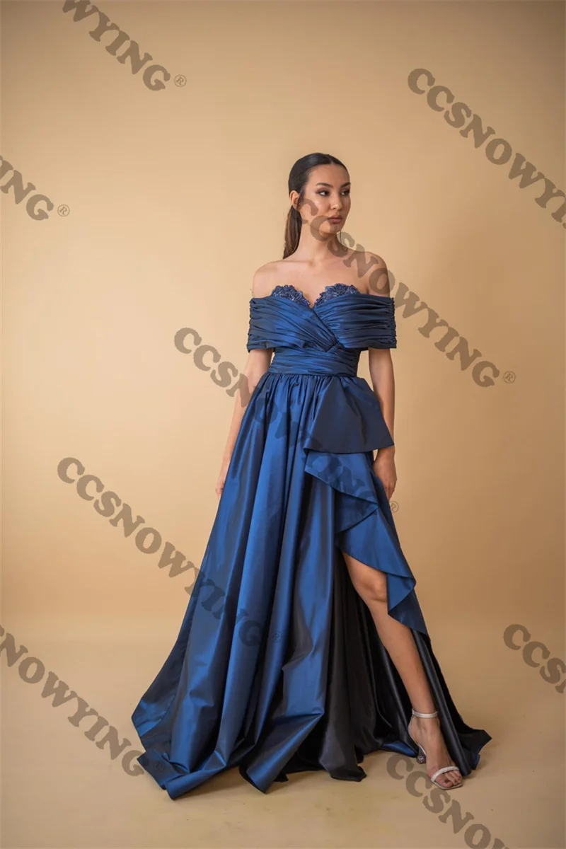 

Royal Blue Satin Beaded Off Shoulder Prom Dress with Slit Side Evening Gowns Women Formal Party Dress A Line Robe De Soiree