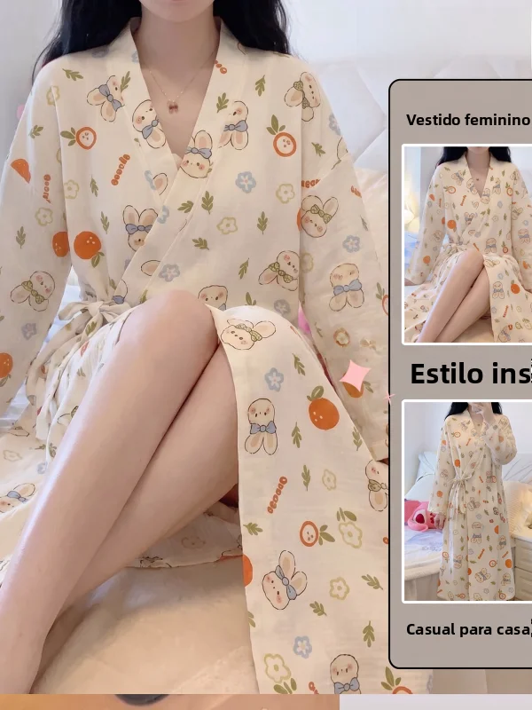 長袖薄手の綿着物スタイルパジャマ女性のラップ可能なホーム服ウサギ漫画ローブナイトガウン秋シーズン