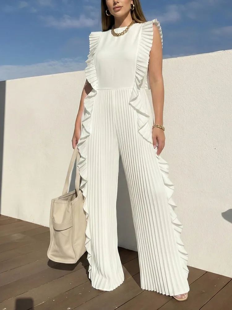 

Women White Jumpsuit Round Neck Sleeveless Ruffled Pleated Split Joint Wide Leg Loose Fit Casual Summer Beach Vacation Outfits