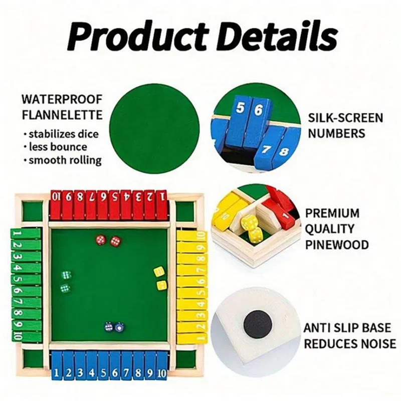 เกมกระดานไม้คลาสสิก 4 ด้านพร้อมลูกเต๋า 2 ลูกและคําแนะนําปิดกล่องรุ่นโต๊ะคลาสสิกและเกมกระดานผับ