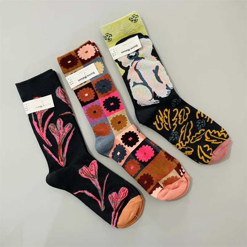 

3 Pairs Art Oil Painting Print Mid-Calf Socks for Women Colorful Breathable Trendy Socks Retro Cute Summer Socks for Ins Style