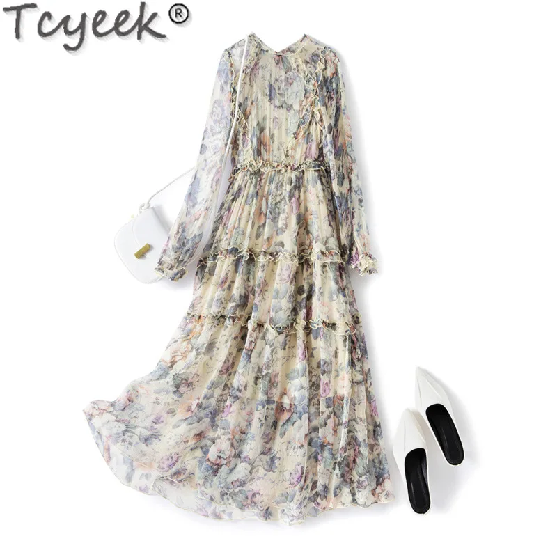 Tcyeek 100% Real Mulberry Silk Beach Dresses for Women 2024 Elegant and Pretty Woman Dress Summer Clothes Long Dresses Print