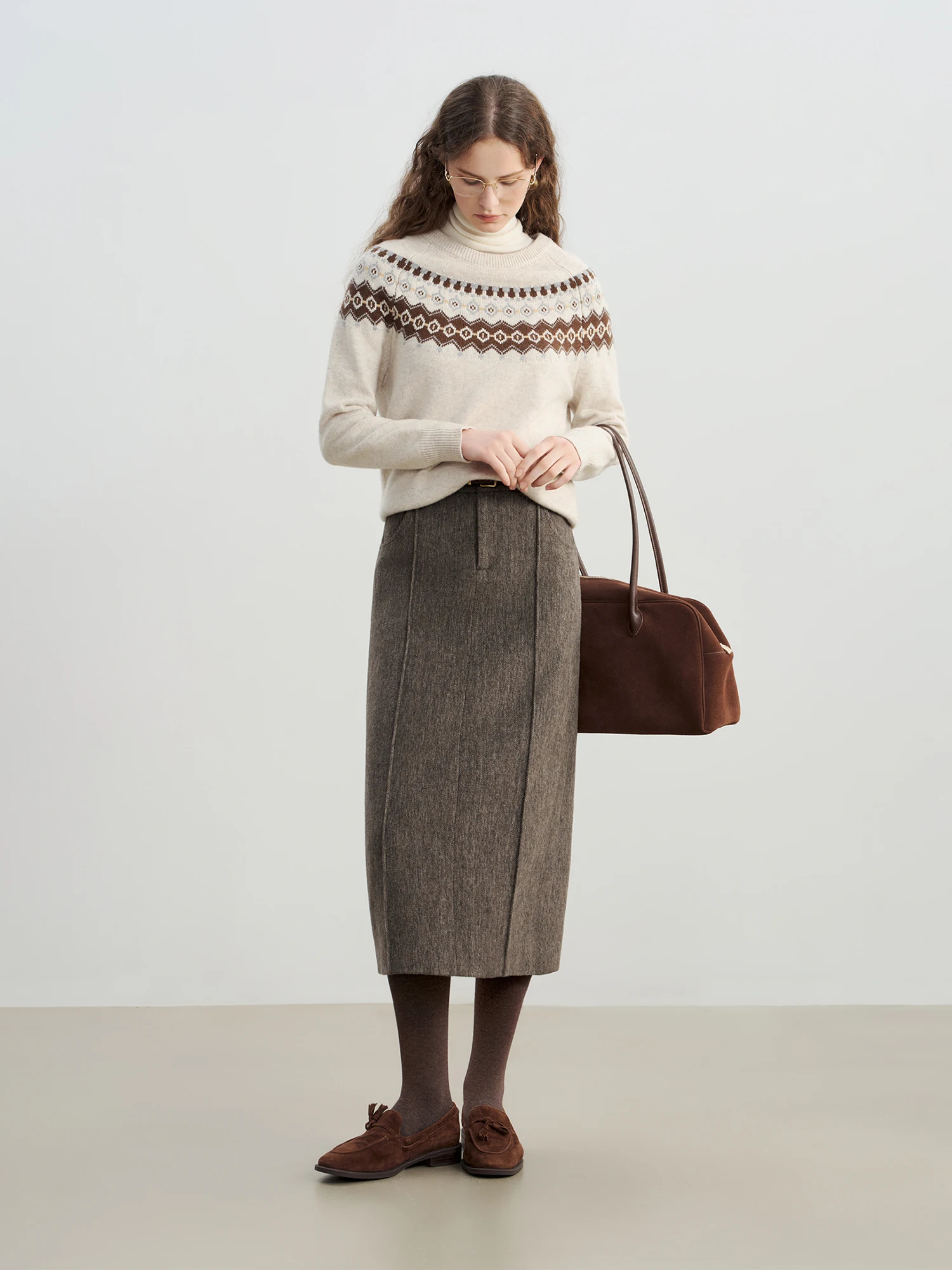 Ziqiao 2025, winter nieuwe collectie chique patroon Fair Isle trui voor kleine vrouwen, vintage geïnspireerd ontwerp, wollen gebreide wollen tops