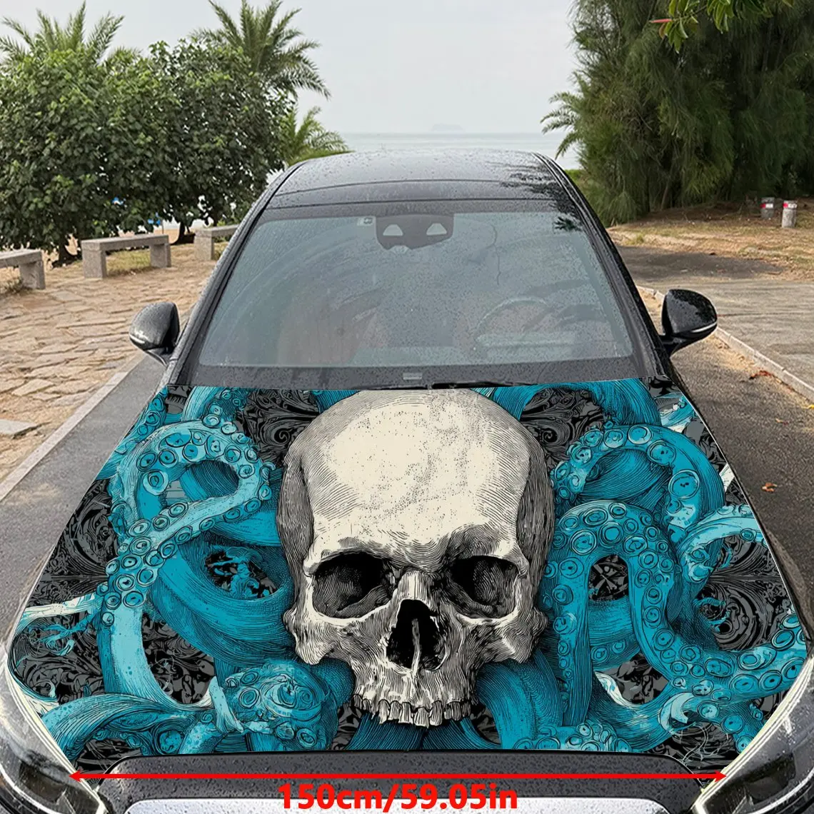 Car Decal Skull Amid Turquoise Octopus Tentacles with Artistic, Intricate Visual Details & Textured Background Car Hood Sticker,