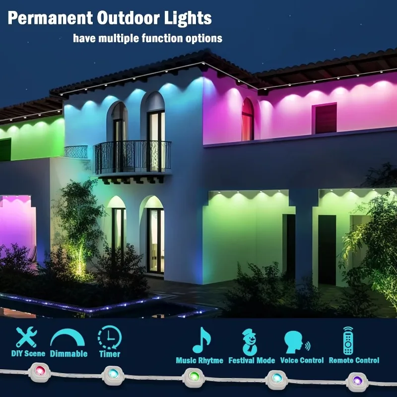 Outdoor Lights Permanent Smart RGBIC Eaves LED Lights Festival Flashing Lighting Fairy String for Christmas Holiday Decorations