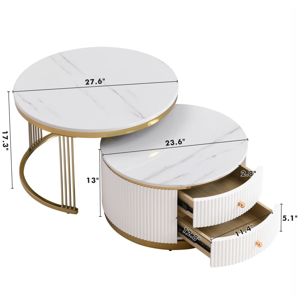 2Pcs 27.6 Inch Nesting Coffee Table Minimalist Round Coffee Table Side Tables With 2 Drawers Circular Center Table For Bedroom