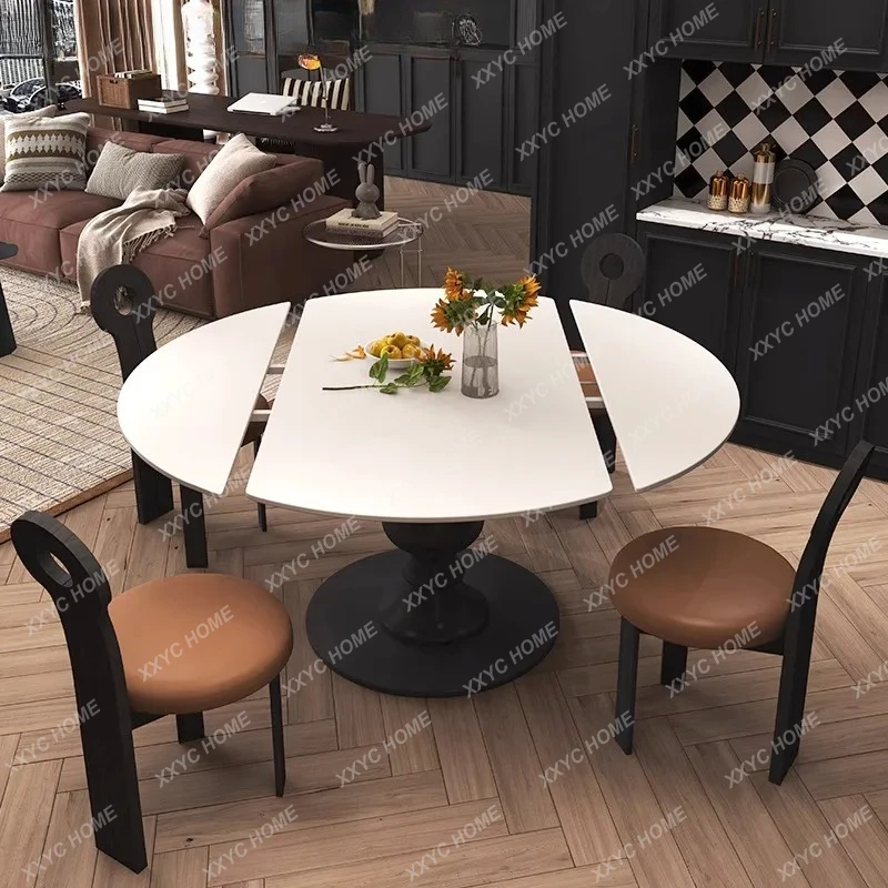 LXretro retractable rock slab rotating dining table square and circle dual-purpose folding solid wood small apartment