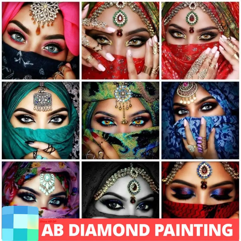 AB Northern Lights 5D Embroidery Muslim Woman DIY Diamond Painting Bridal Arabic Eyes Full Rhinestone Mosaic Cross Stitch Kit