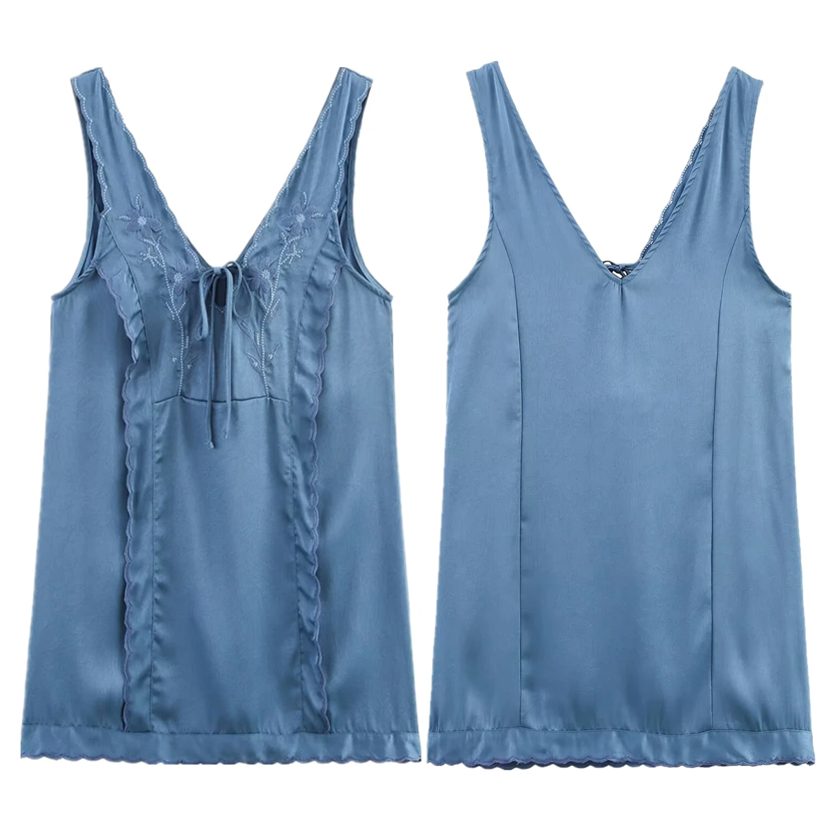 

Jenny&Dave French Fashion Flower Embroidered Tank Dress Summer Minimalist Blue Elegant V-Neck Sleeveless Mini Dresses Women