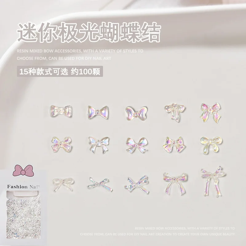100PCS Mini Aurora Transparent Bow Tie 3d Acrylic Nail Art Charms Bowknot Accessories For Manicure Nails Decoration Supplies