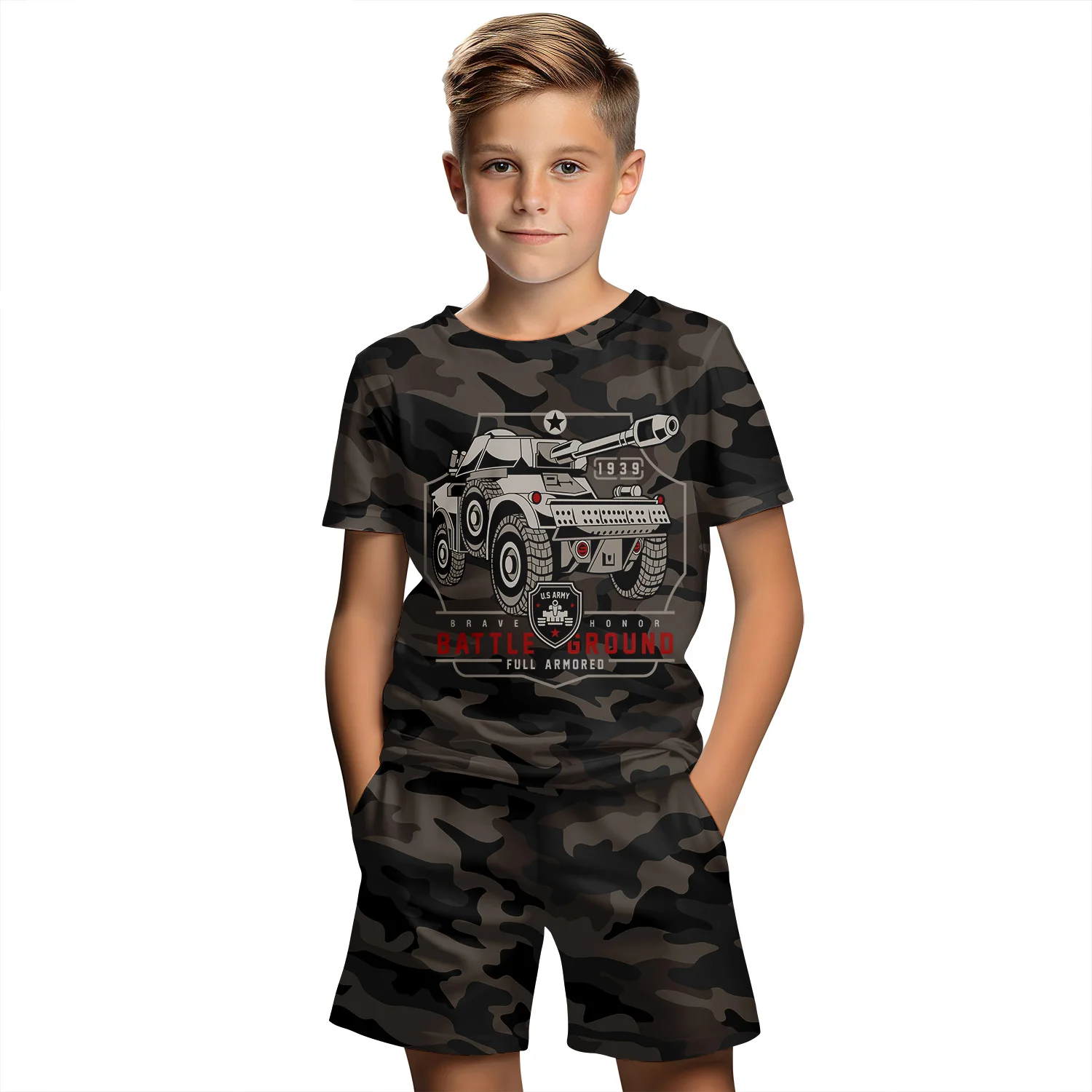 Camouflage Clothing Summer Breathable Children\'s Short Sleeved T-Shirt Set Shorts 3d Cartoon Print Boy Clothing Girl Toddlerbaby