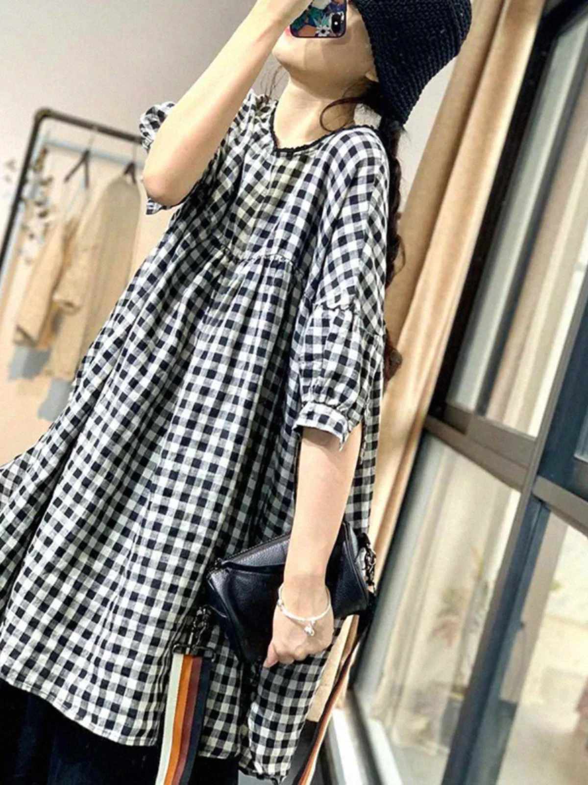 

Korean Sle Plaid Doll irt Women's Midi Loose Large Size Top Five Sve Cotton Linen irt Korean Version round Ne Butt...