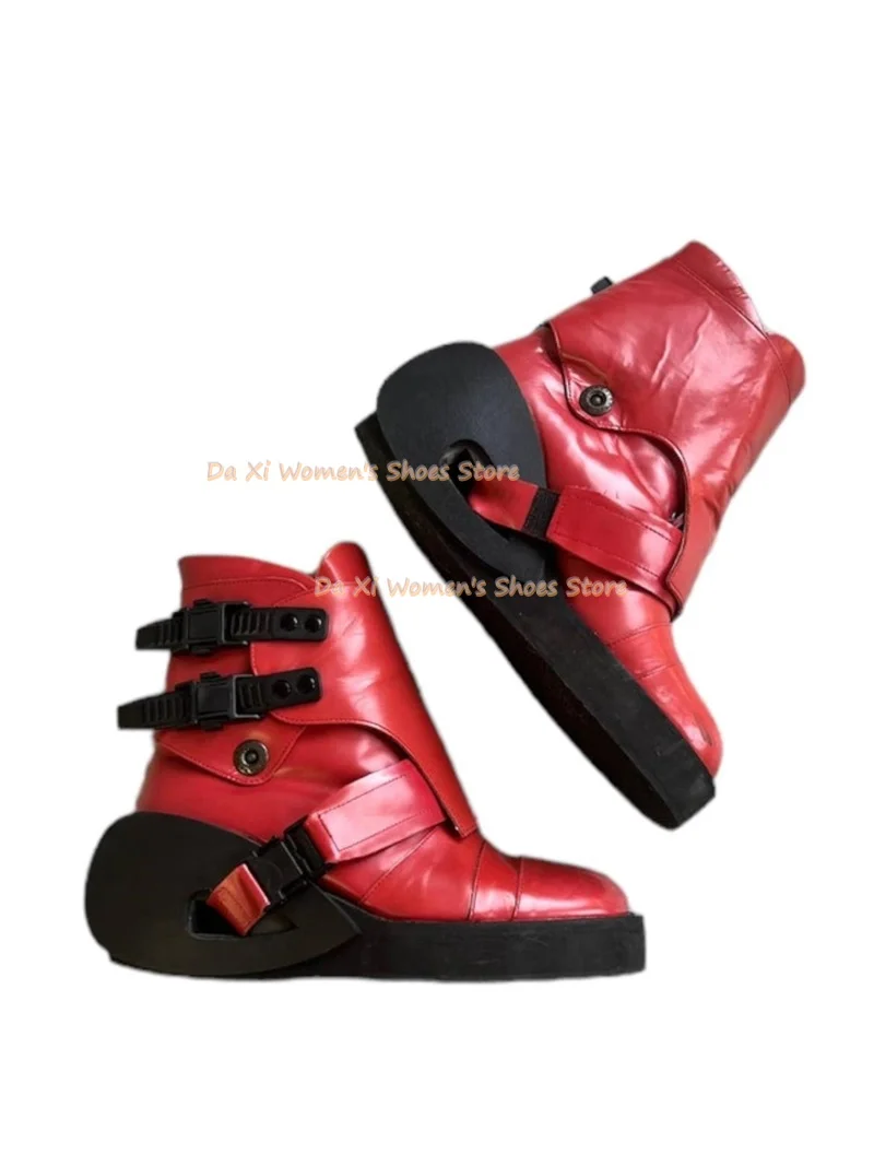 Red Patent Ankle Boots Techwear Multi Buckle Strap Cut Out Hollow Platform Sole Boots Y2K Gothic Motorcycle  red Women's Boots - view 6