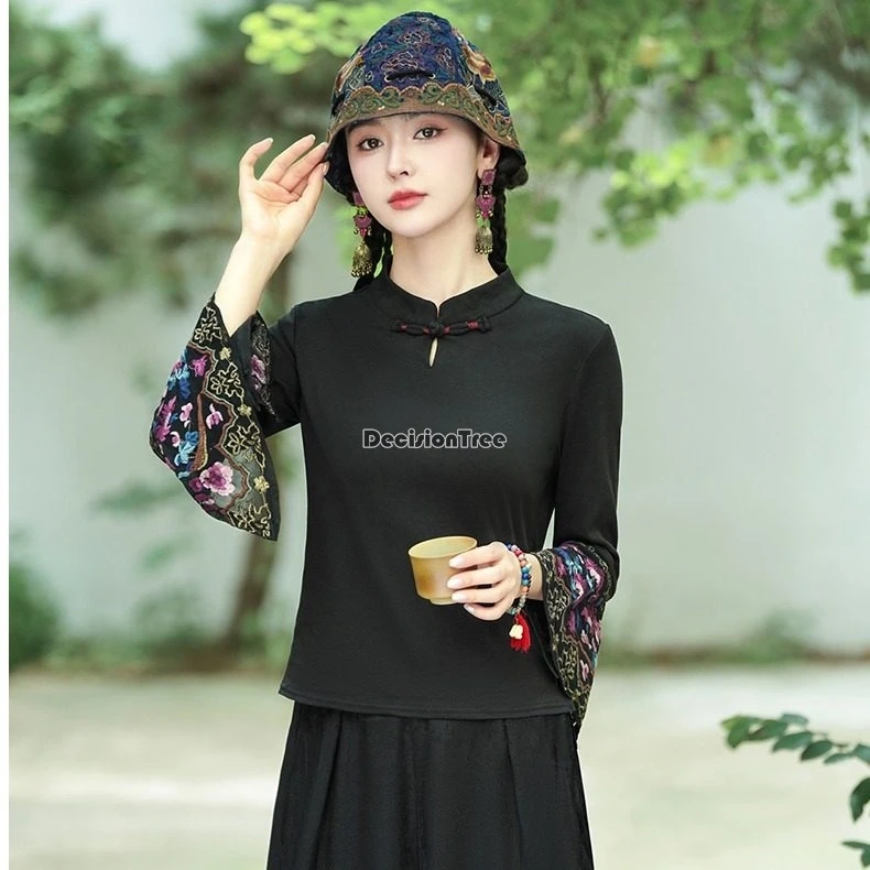 2025 new chinese national retro style embroidery stand collar button-down knitted short-sleeved t-shirt elegnt cheongsam blouse