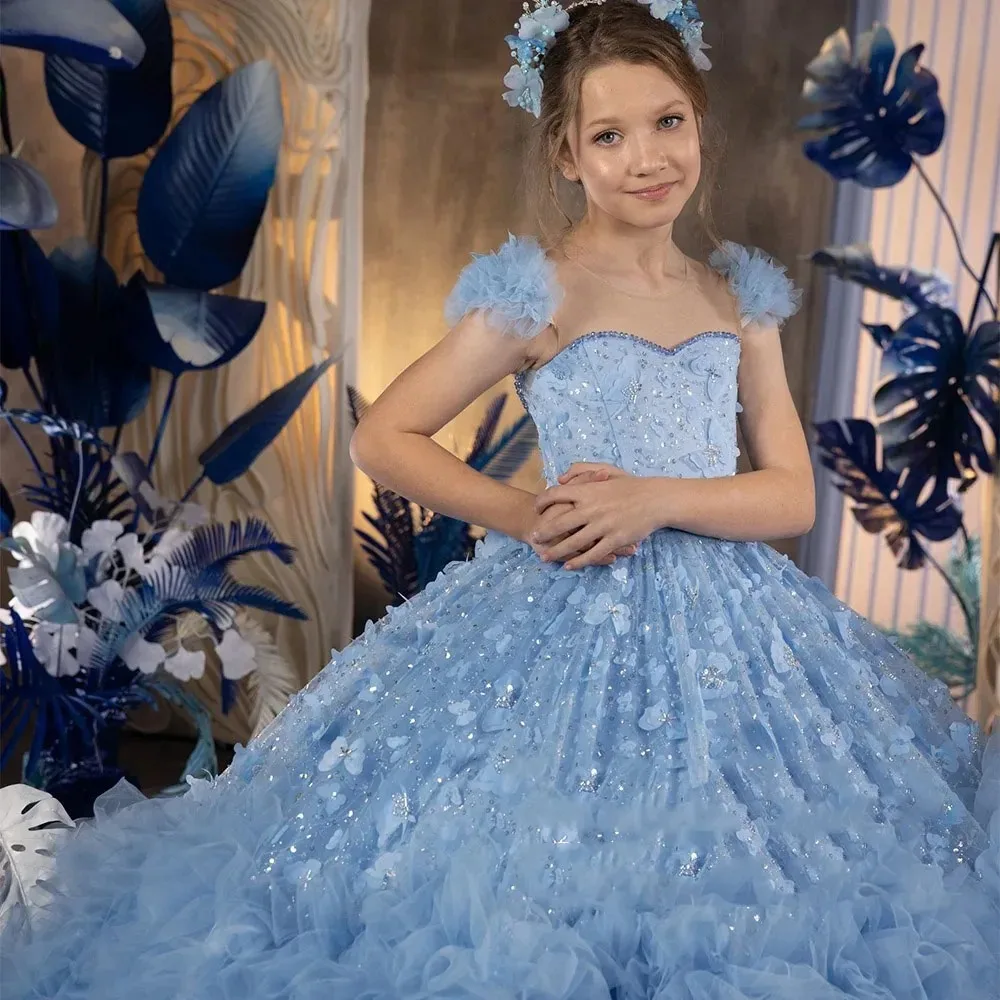 

Princess Blue Flower Girl Dresses For Wedding Tulle Dress Sequins Butterflies Appliques Birthday Prom Pageant Dresses Customized