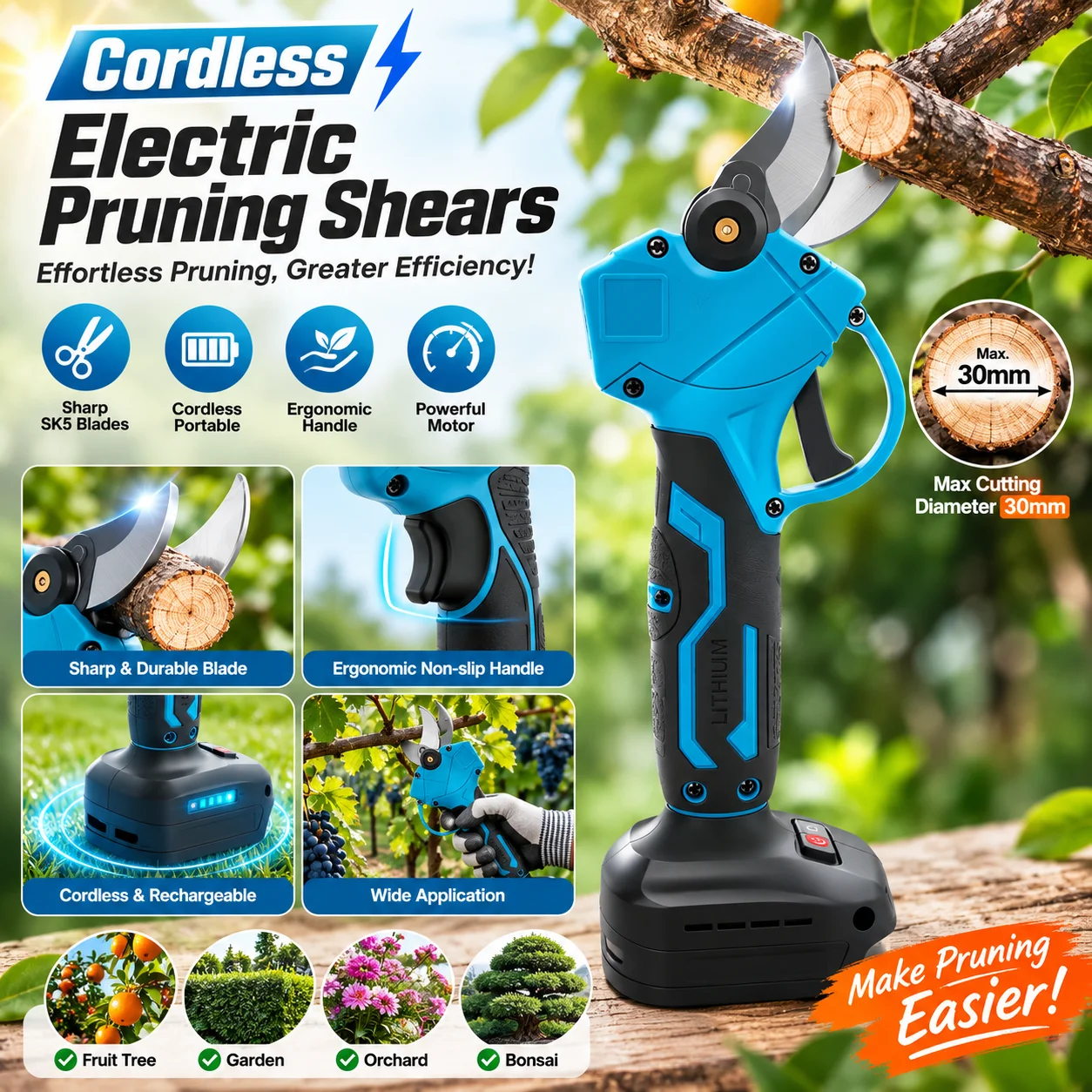 18V Cordless Electric Pruning Shears Brushless Secateurs, Garden Tree Branch Cutter for Bonsai, Orchard, Gardening & Landscaping