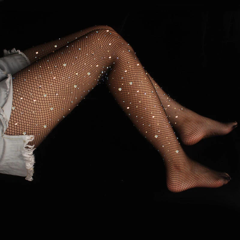 Shiny Women Sexy Stockings Tights Rhinestone Mesh Fishnet Pantyhose Plus Size Bling Female Small Mesh Thin Tights Hosiery