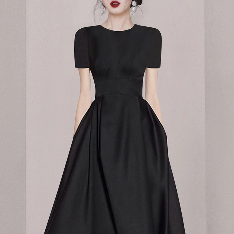 High Quality Fashion Summer Black Ball Gown Dress 2023 Elegant Women O Neck Short Sleeve Slim Waist Ladies Office Midi Vestidos