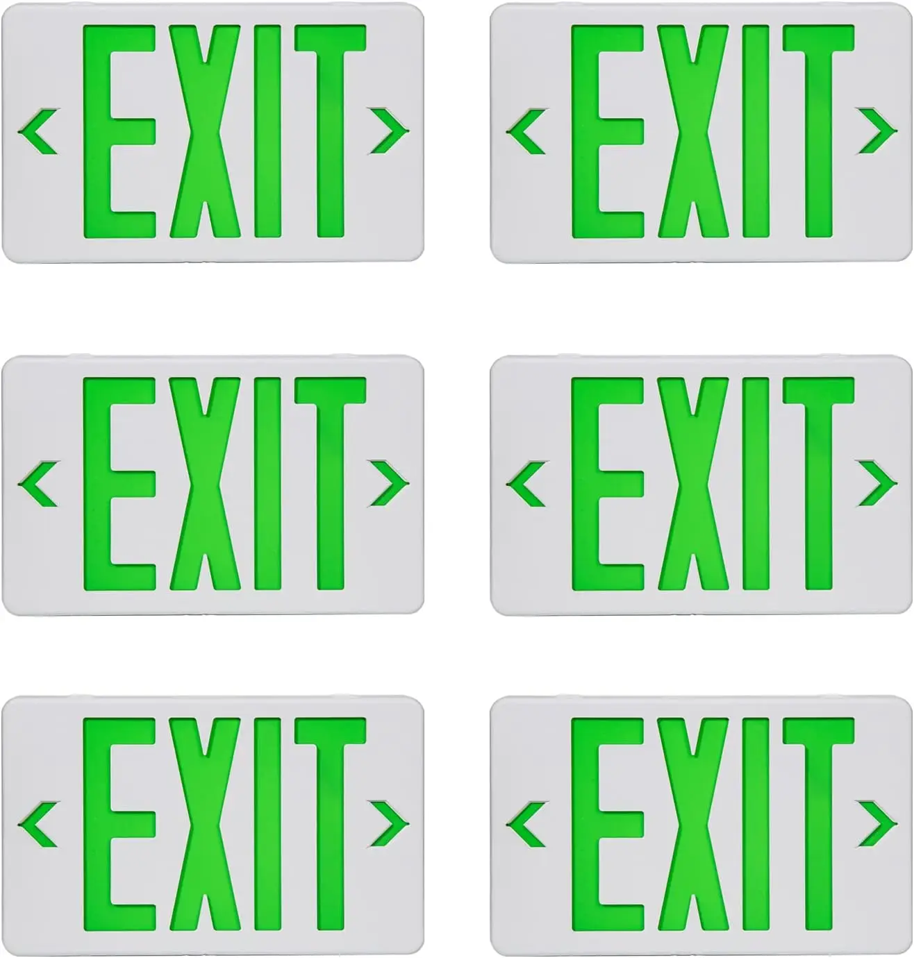 

Green LED Exit Sign with Emergency Light - UL Listed, Battery Backup, AC 120-277V, 6 Pack