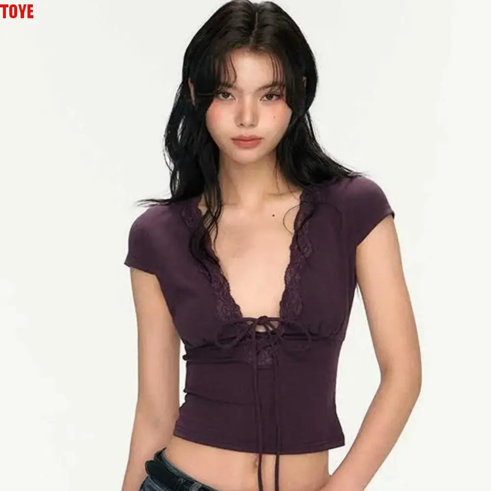 

Chic V Neck Slim Crop Tops Lace Short Sleeve Bottoming T-shirt Elastic Sweet Camisole Spicy Girl