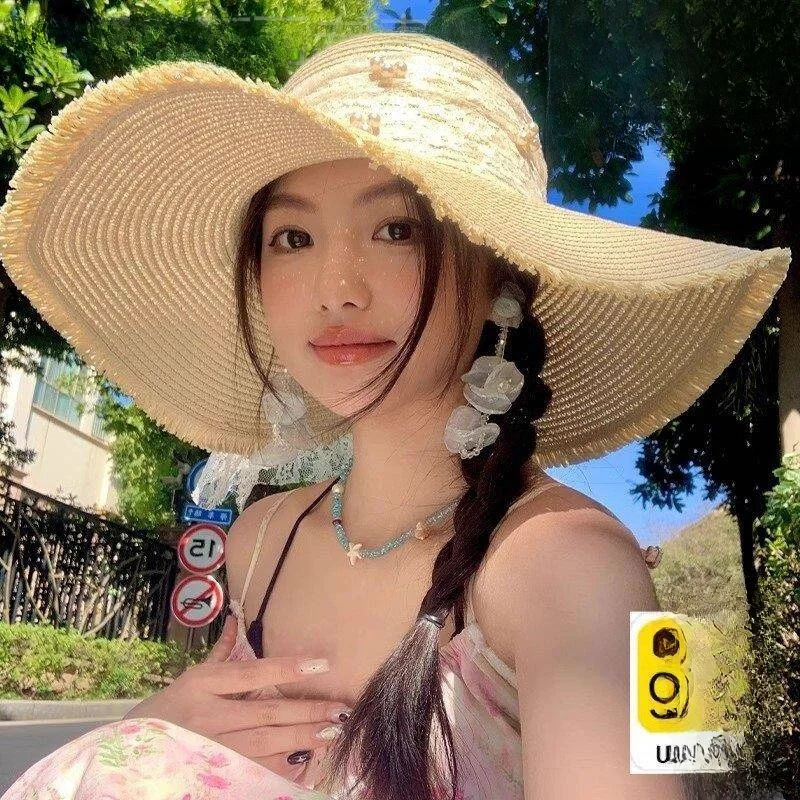 women's-beach-sun-protection-straw-hat-summer-new-style-uv-protection-hat-sweet-cute-style-round-top-cap-for-beach-scenarios
