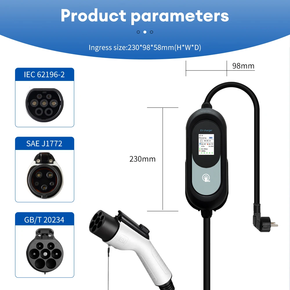 Acodo EV Portable Charger Type2 / GBT Plug Connector 16A 1Phase 3.5KW Type1 5m Wallbox Charging Station for Electric Vehicle