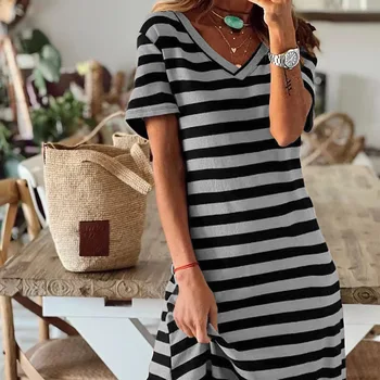 Summer women's loose striped printed long dress with slits on both sides and V-neck